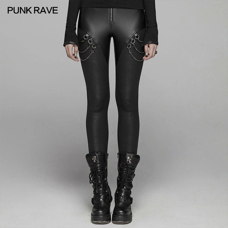 Punk Rave Store PUNK Women PU Leather Leggings Crack Velvet Tight Pants With Detachable Metal Chain 5 Punk Rave Store PUNK Women PU Leather Leggings Crack Velvet Tight Pants With Detachable Metal Chain