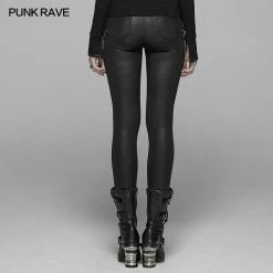 Punk Rave Store PUNK Women PU Leather Leggings Crack Velvet Tight Pants With Detachable Metal Chain