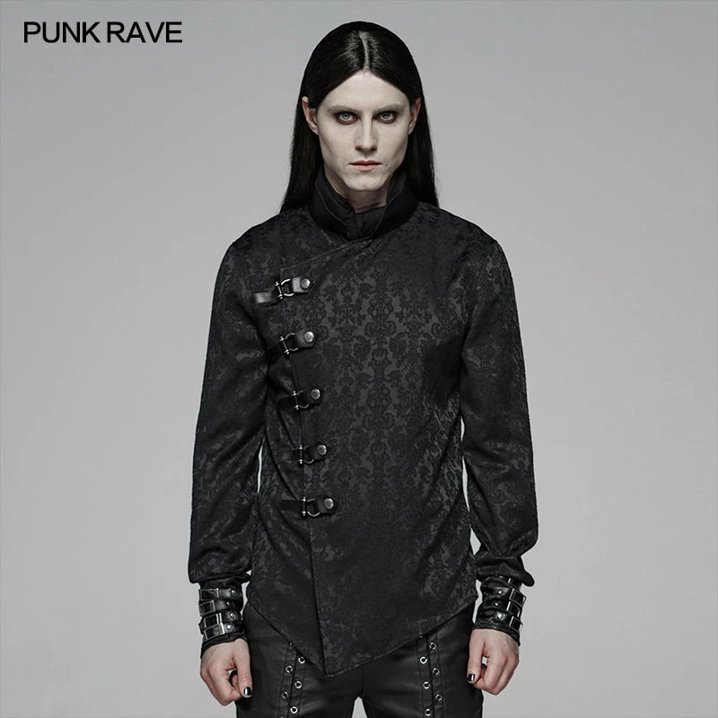 Punk Rave Store Punk Men Stand Collar Jacquard Fabric Long Sleeve Shirt With Oblique Placket Design 3 Punk Rave Store Punk Men Stand Collar Jacquard Fabric Long Sleeve Shirt With Oblique Placket Design