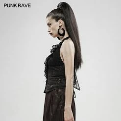 Punk Rave Store Gothic Black Gold Dark Flower Hanging Neck Lace Vest