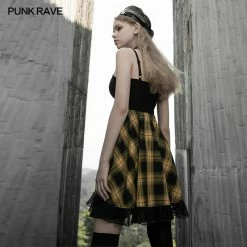 Punkravestore Stitched Plaid Braces Skirt