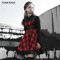 Punkravestore Stitched Plaid Braces Skirt