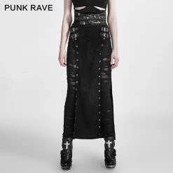 Punk Rave Store Black Wool Leather Spanking Split Punk Skirt