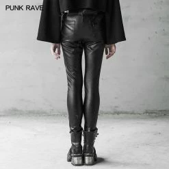 Punkravestore Gothic Military Uniform Buckle Skinny PU Leather Pants (with Belt)