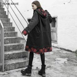 Punkravestore Women Lattice Stitching Long Jacket (with Waistline)