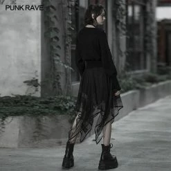 Punkravestore Women Chiffon Lace Asymmetrical Hemline Skirt