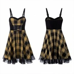 Punkravestore Stitched Plaid Braces Skirt