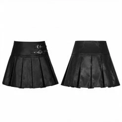 Punkravestore High Waist Metal Buckle Decorative Pleated PU Half Skirt Women