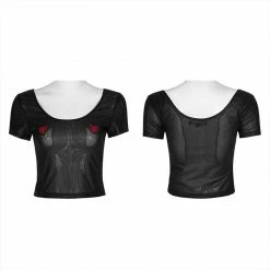 Punkravestore Daily Peach Heart Paste Cloth Mesh T-shirt Women