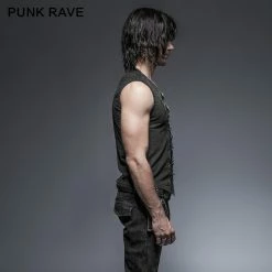 Punk Rave Store Black Rock Cotton Leather Belt Sleeveless Punk Shirts For Men