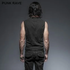 Punk Rave Store Black Rock Cotton Leather Belt Sleeveless Punk Shirts For Men
