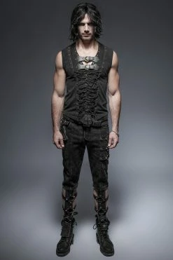 Punk Rave Store Black Rock Cotton Leather Belt Sleeveless Punk Shirts For Men