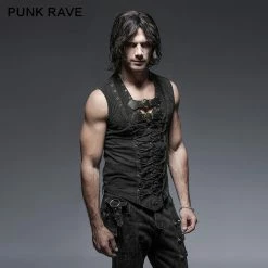 Punk Rave Store Black Rock Cotton Leather Belt Sleeveless Punk Shirts For Men