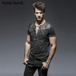 Punk Rave Store Black Soilder Open Collar Short Sleeve Cotton Punk Shirts For Men