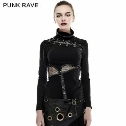 Punk Rave Store Coffe Steampunk Tight Mesh Punk Shirts With High Collar