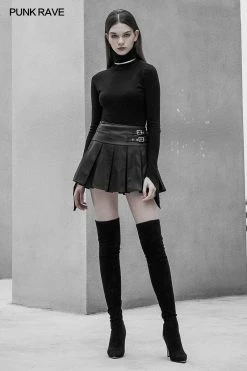 Punkravestore High Waist Metal Buckle Decorative Pleated PU Half Skirt Women