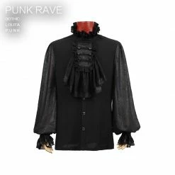Punk Rave Store Fashion Black Soft Gothic Shirt With High Stand Collar For Men