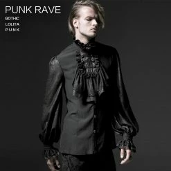Punk Rave Store Fashion Black Soft Gothic Shirt With High Stand Collar For Men