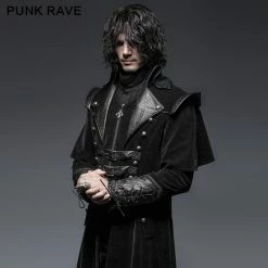 Punk Rave Store Military Black Leather Long Gothic Trench Coats With Belts