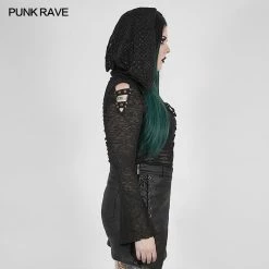 Punkravestore Women Punk Perspective Printed Hooded T-shirt