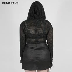 Punkravestore Women Punk Perspective Printed Hooded T-shirt
