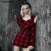 Punkravestore Women Red And Black Plaid With Princess Sleeves Dress
