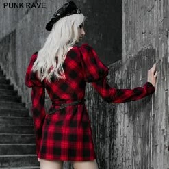 Punkravestore Women Red And Black Plaid With Princess Sleeves Dress