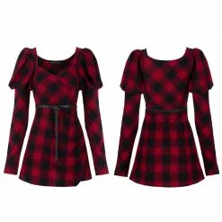Punkravestore Women Red And Black Plaid With Princess Sleeves Dress