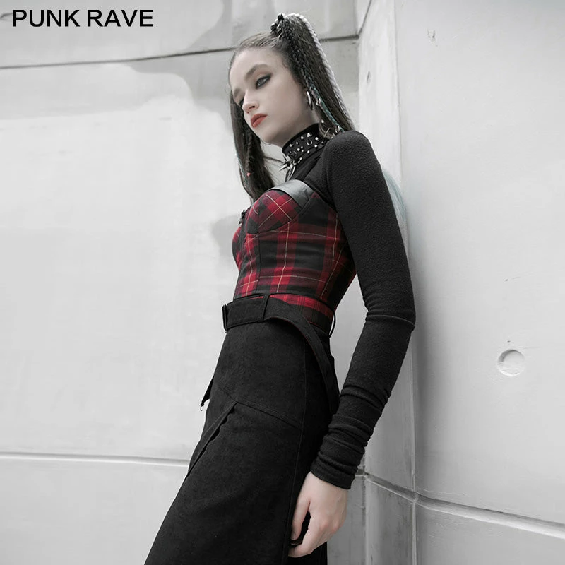 Punkravestore "PUNK" Series Plaid Elastic Shoulder Strap Corset Vest Women 4 Punkravestore "PUNK" Series Plaid Elastic Shoulder Strap Corset Vest Women