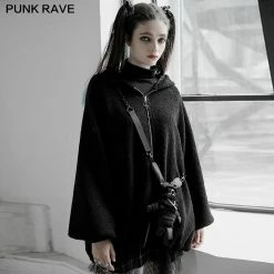 Punkravestore Velvet Clown Hat Backpack Doll Medium-length Coat Women