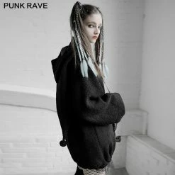 Punkravestore Velvet Clown Hat Backpack Doll Medium-length Coat Women