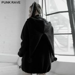 Punkravestore Velvet Clown Hat Backpack Doll Medium-length Coat Women