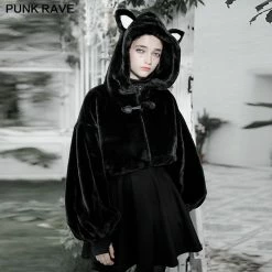 Punkravestore Cute Ears Drawstring Cap Short Coat