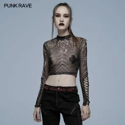Punkravestore Gothic Skeleton Print Mesh T-shirt