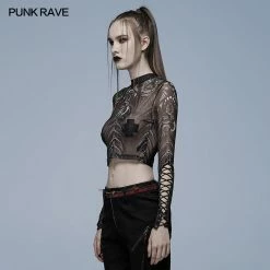Punkravestore Gothic Skeleton Print Mesh T-shirt