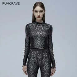 Punkravestore Gothic Skeleton Print Mesh T-shirt