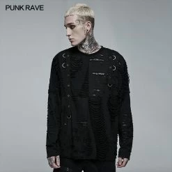 Punk Rave Store Goth Daily Wear Knited Broken Holes Long Sleeve T-shirt Gothic