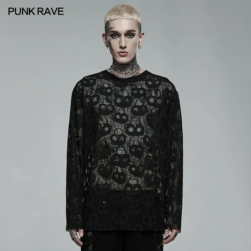 Punk Rave Store Punk Daily Wear Skull Mesh Long Sleeve T-shirt 3 Punk Rave Store Punk Daily Wear Skull Mesh Long Sleeve T-shirt