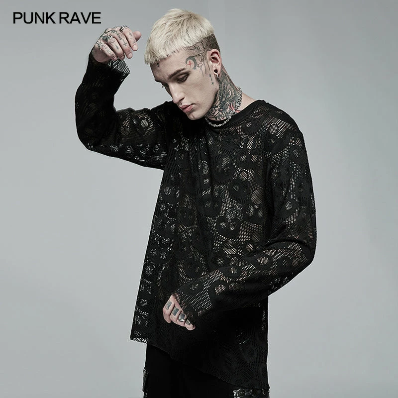Punk Rave Store Punk Daily Wear Skull Mesh Long Sleeve T-shirt 4 Punk Rave Store Punk Daily Wear Skull Mesh Long Sleeve T-shirt